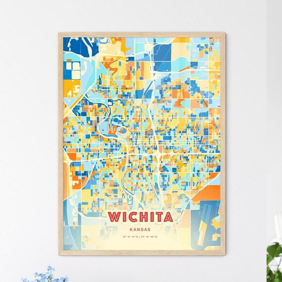 Wichita Kansas City Street Map Art Poster Blue Orange Coordinates