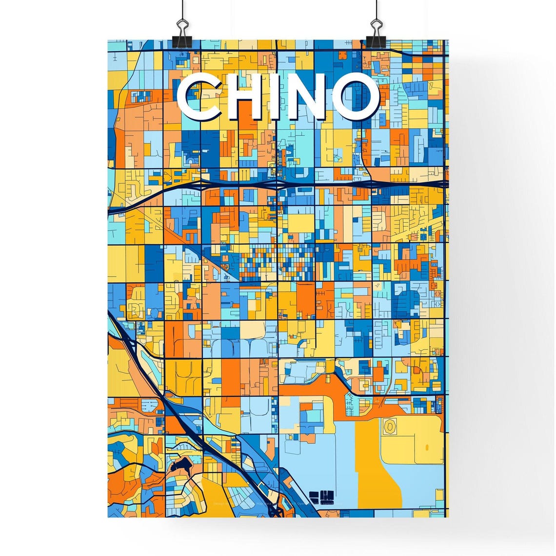 Chino California Vibrant Blue Orange Mosaic City Street Map Poster - Image 4