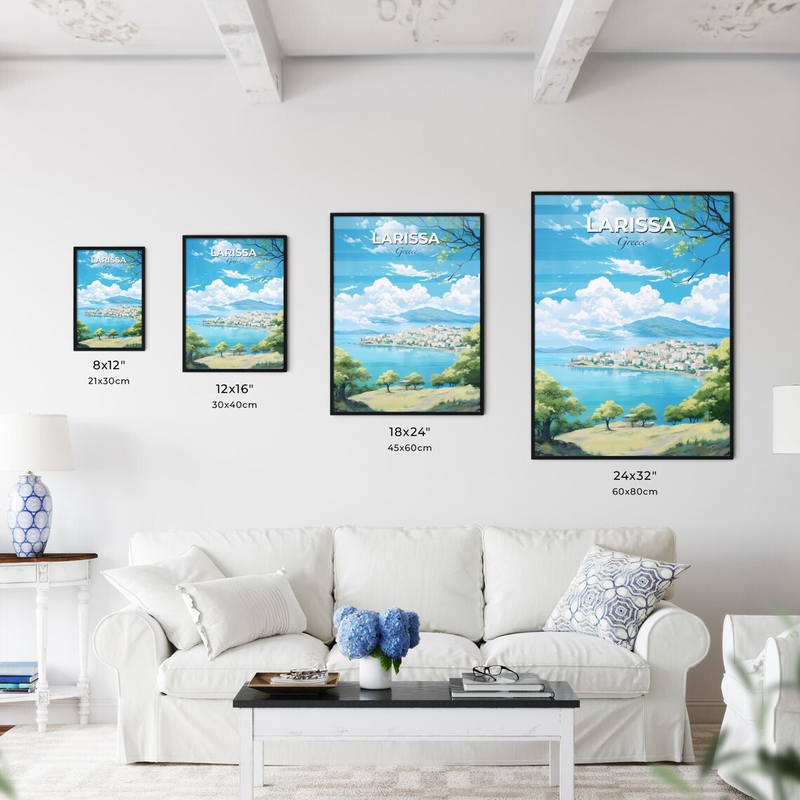 Larissa Greece Turquoise Bay Whitewashed Seaside Town Travel Poster - Image 3
