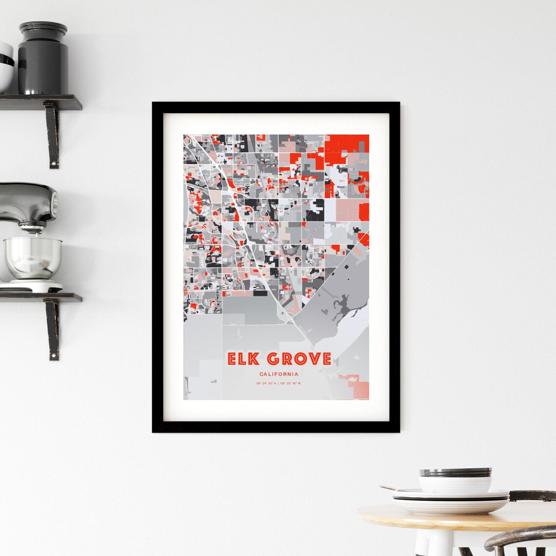 Elk Grove California Modern Red Expressive City Map Art Poster - Image 2