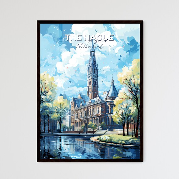 The Hague Netherlands Travel Poster Historic Building Pond Reflection Art