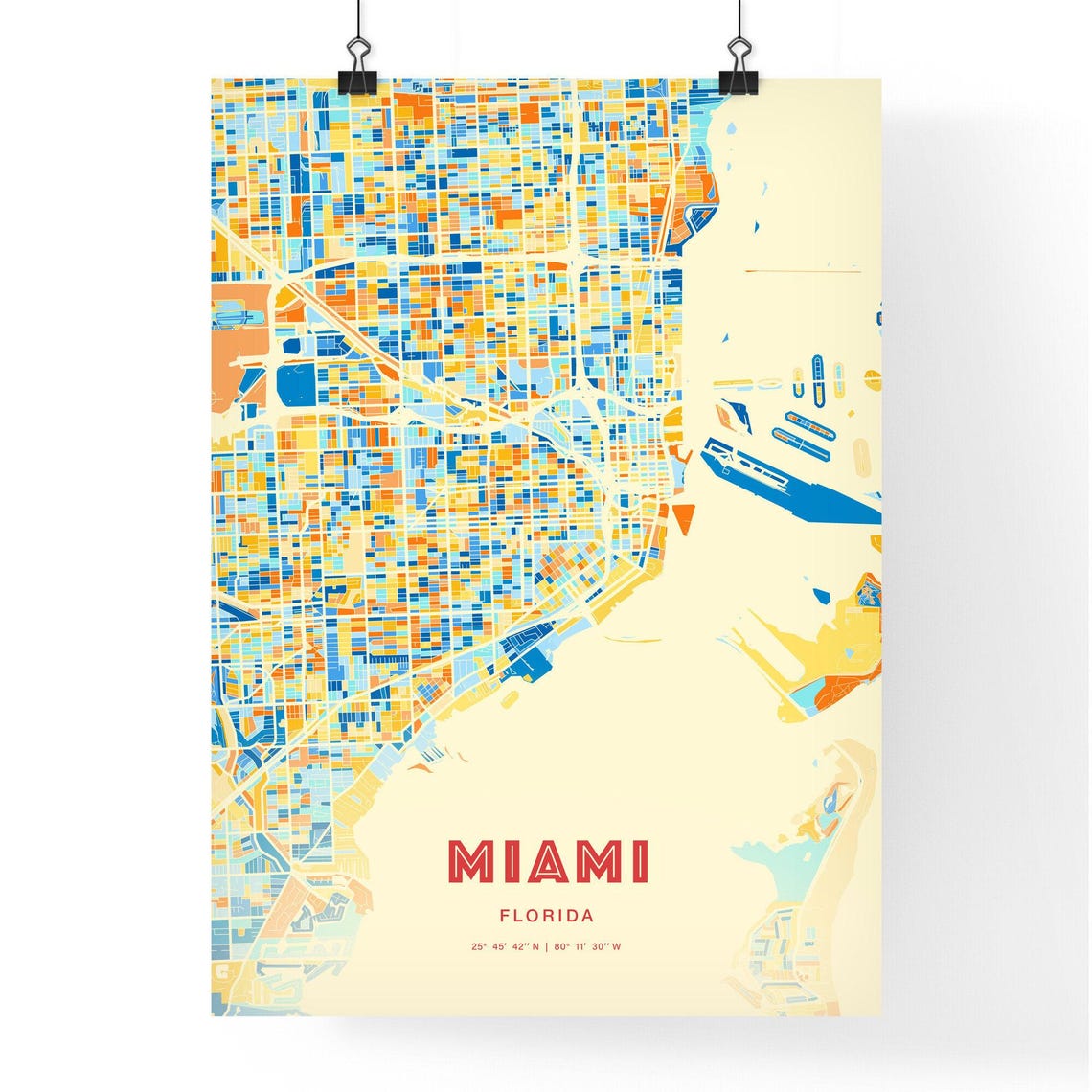 Miami Florida Blue Orange Vibrant Beachfront City Map Art Poster - Image 3