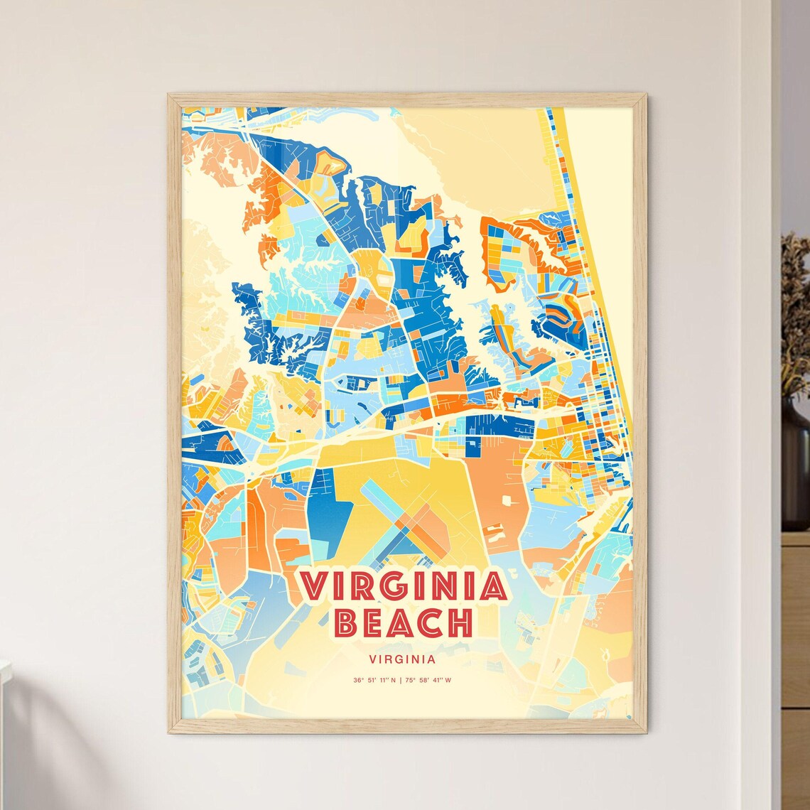 Virginia Beach Virginia Colorful City Map Art Blue Orange Streets Poster