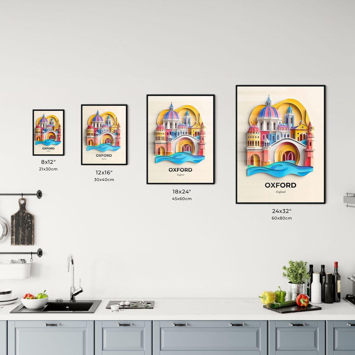 Oxford England Colorful Paper Cut Domed Colleges River Travel Poster - Image 3