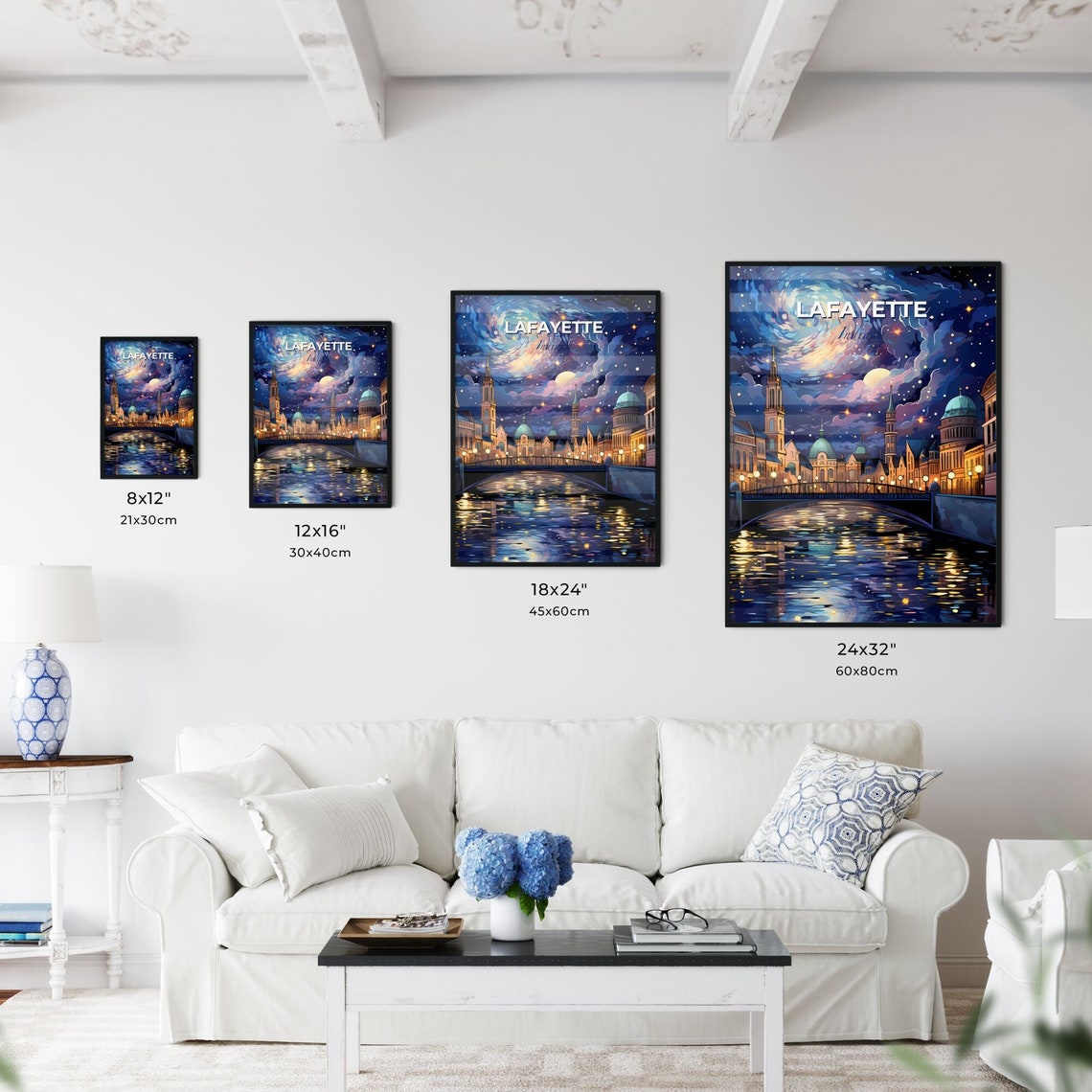 Lafayette Indiana Starry Night River Bridge Old Town Art Poster - Image 3