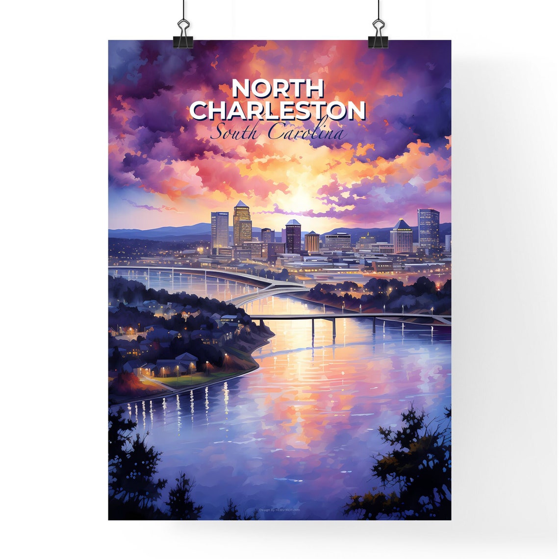 North Charleston South Carolina River Sunset City Skyline Poster - Image 4