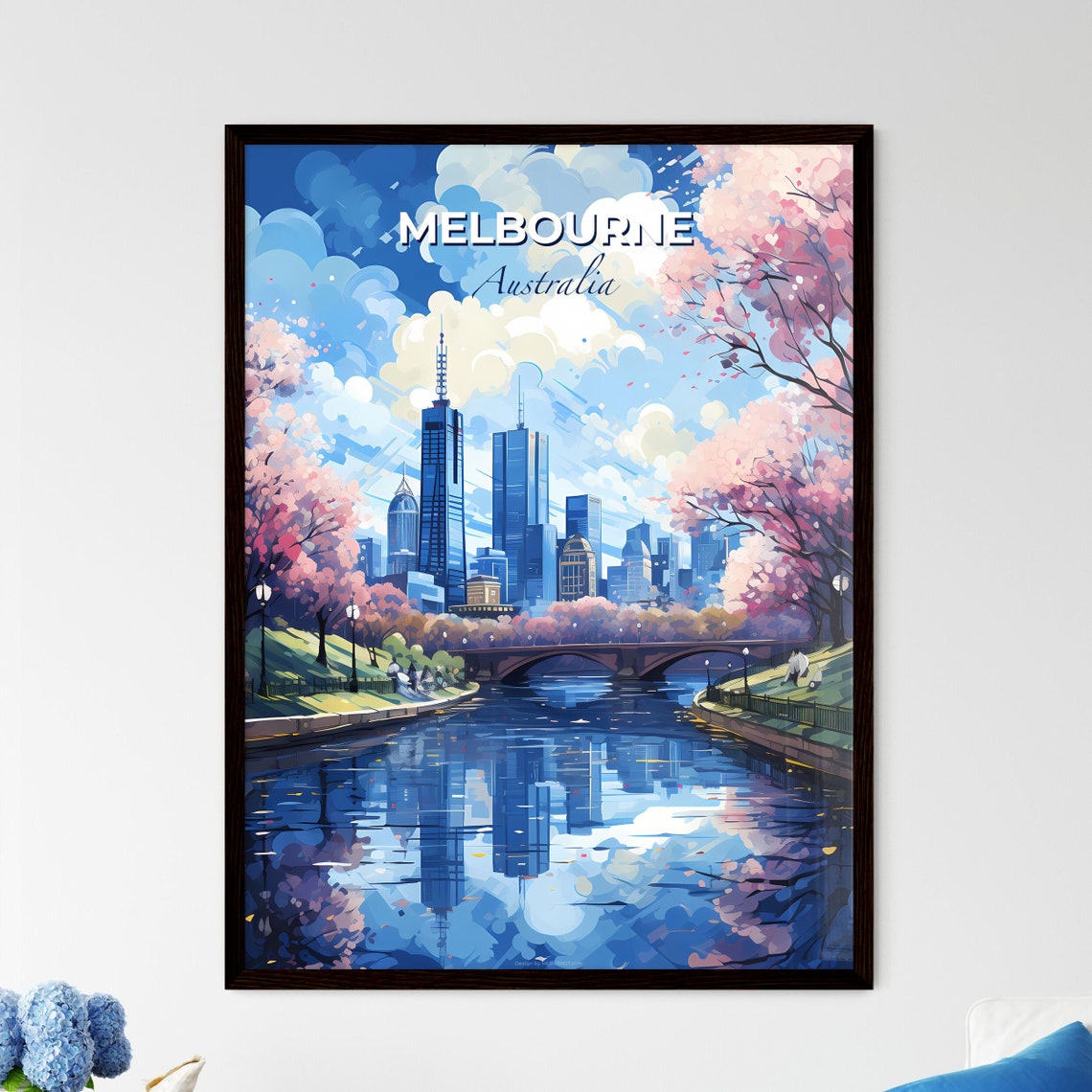 Melbourne Australia River Skyscrapers Spring Blossom Skyline Poster