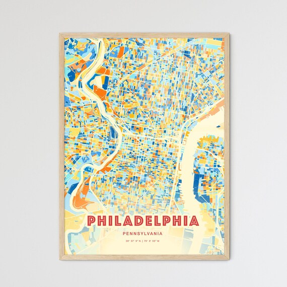 Philadelphia Pennsylvania Blue and Orange City Map Art Poster