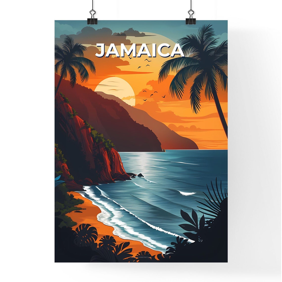 Jamaica Sunset Beach Cliffs Palm Trees Ocean Vintage Travel Poster Art - Image 4