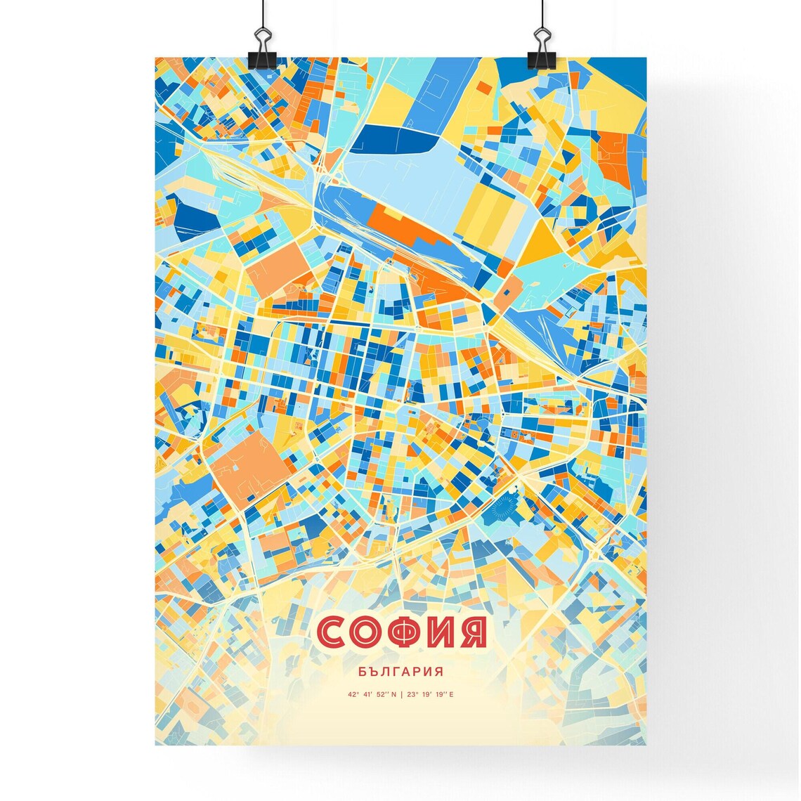 Sofia Bulgaria Colorful City Map Art Poster in Orange Blue and Cream - Image 3