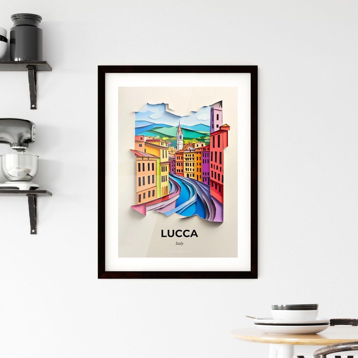 Lucca Italy Colorful Paper Cut Riverside Old Town Travel Poster - Image 2