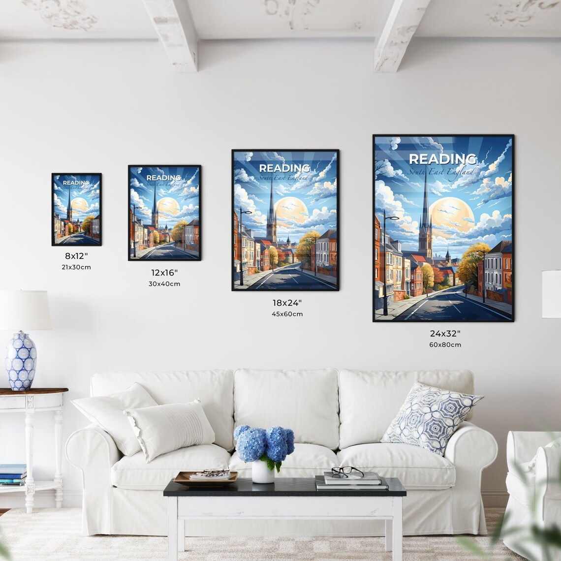 Reading England Church Spire Street Sunset Vintage Travel Poster - Image 3