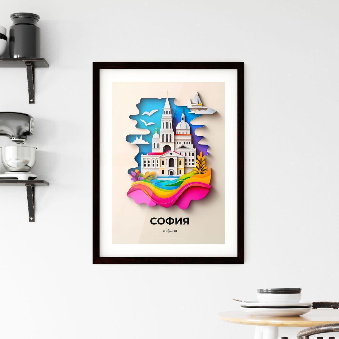 Sofia Bulgaria Church Seagulls Colorful Paper Cut Art Poster - Image 2