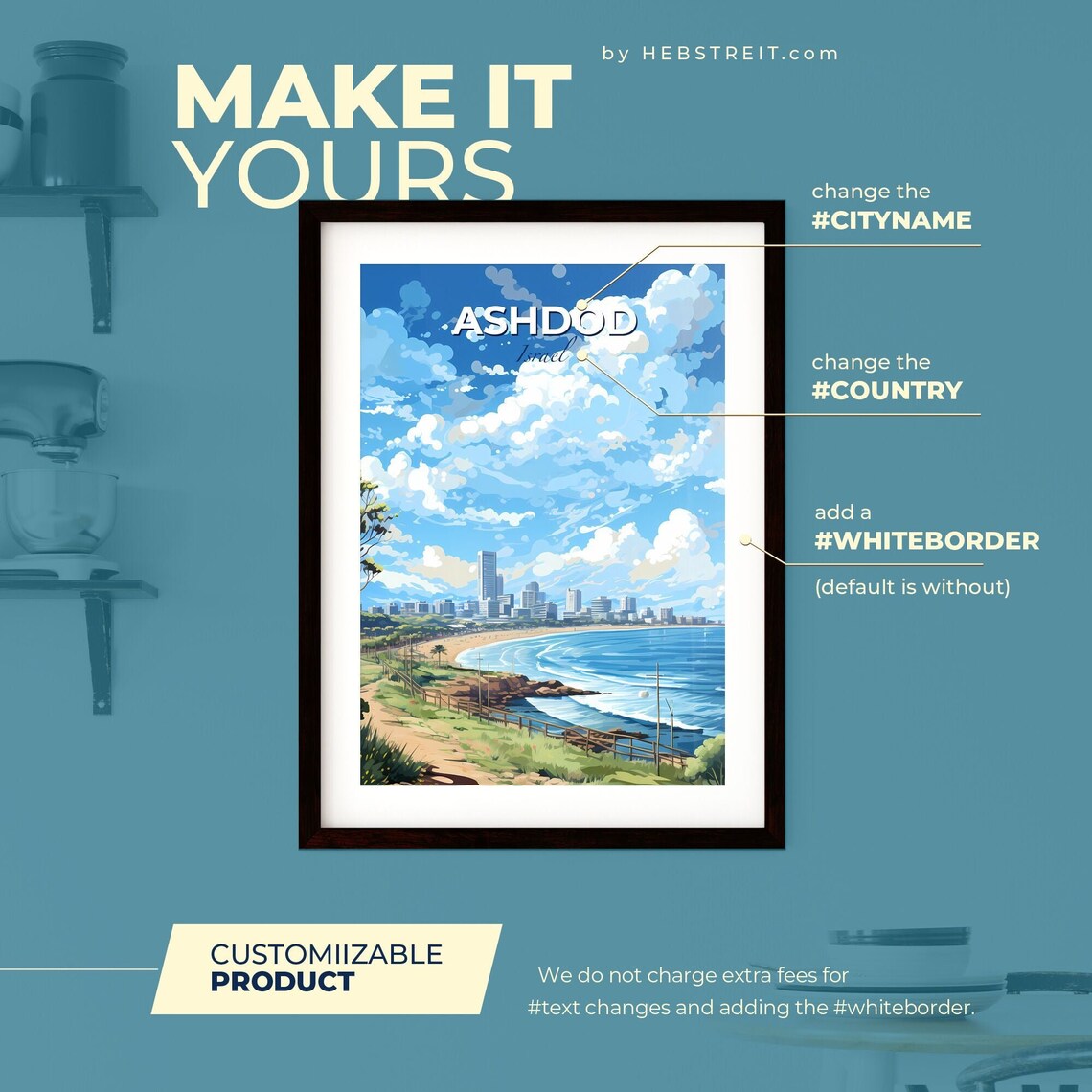 Ashdod Israel Sunny Beach Travel Poster Sea Shore Skyline Artwork - Image 2