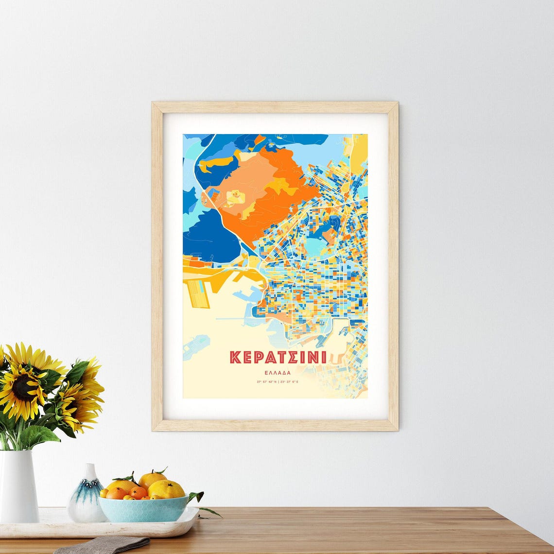 Keratsini Greece Colorful Blue Orange City Map Retro Art Print - Image 2