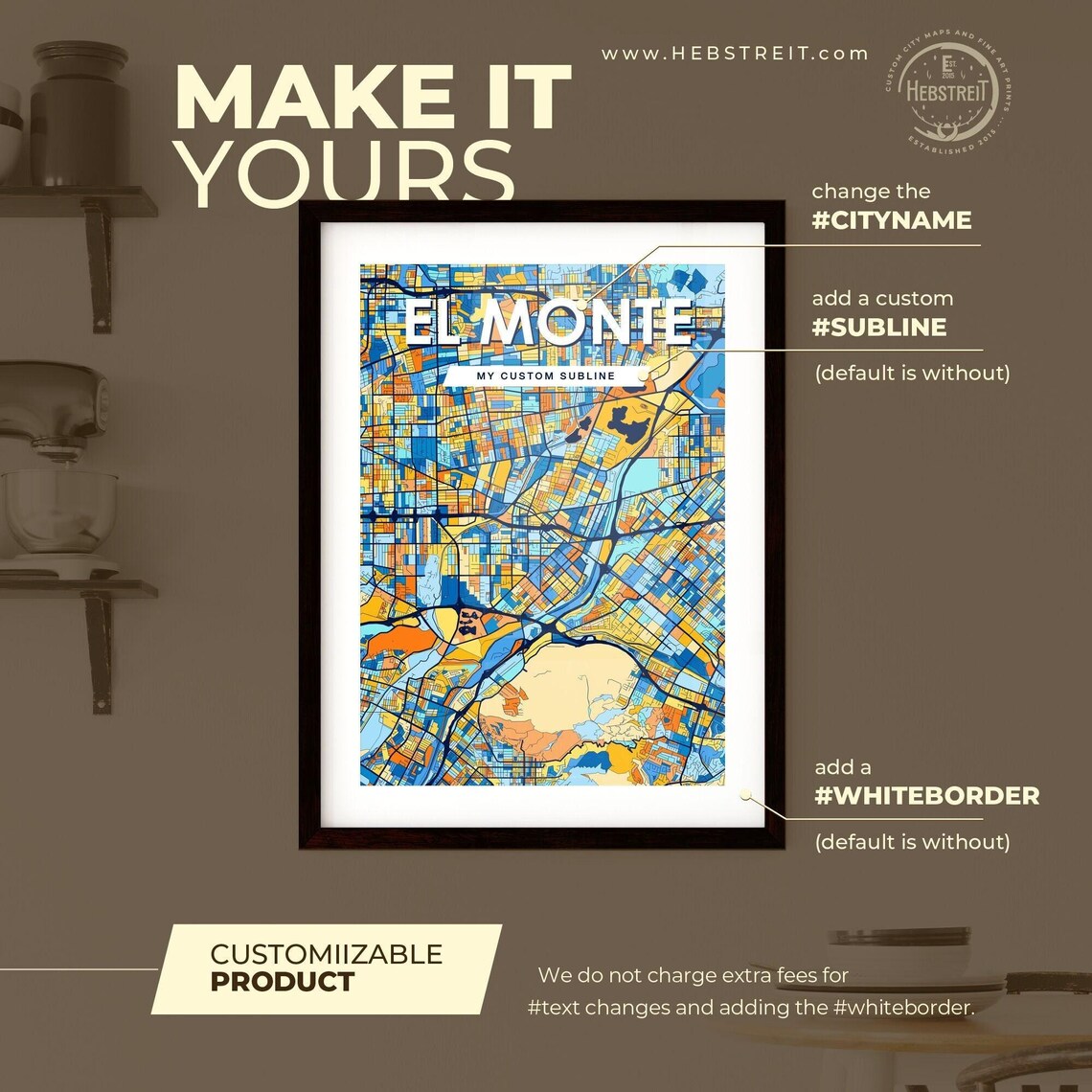 El Monte California Vibrant Colorful Mosaic City Street Map Art Poster - Image 2