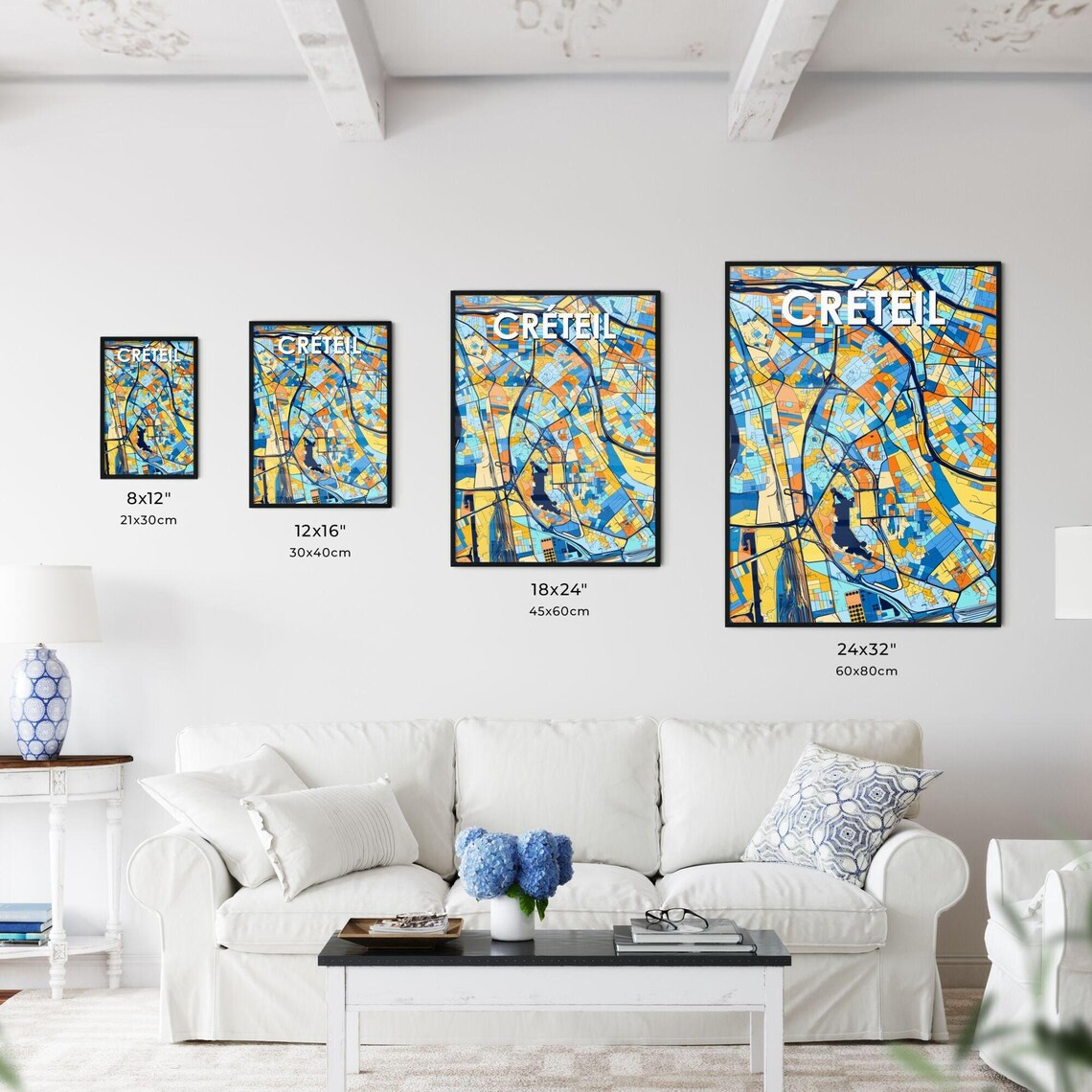 Créteil France Colorful Geometric City Map Art Poster in Blue and Orange - Image 3