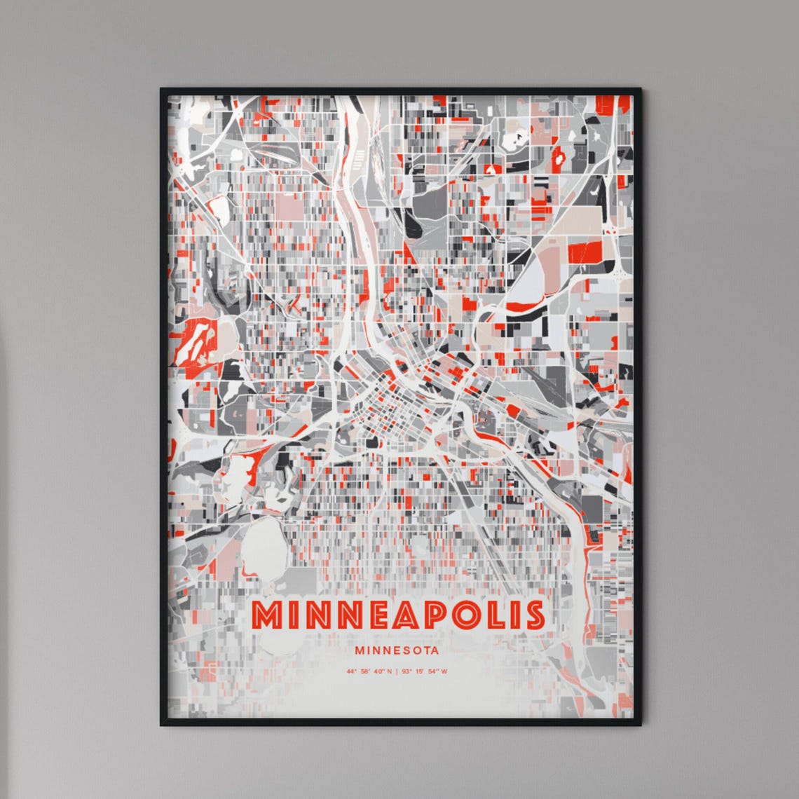 Minneapolis Minnesota Expressive Red and Black City Map Artwork Poster