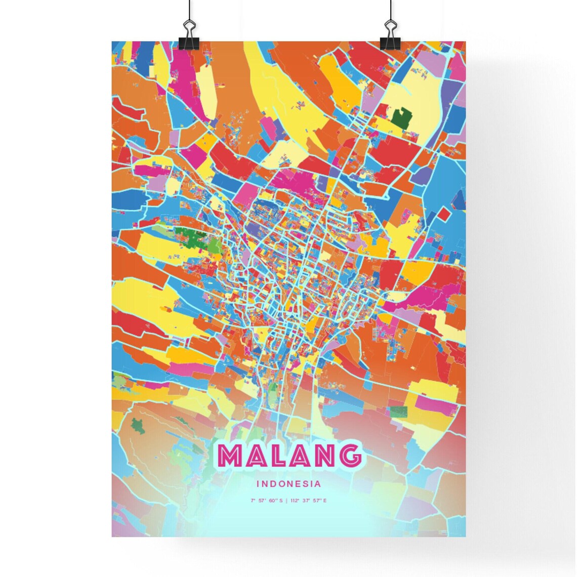 Malang Indonesia Vibrant Crazy Colorful Mosaic City Map Poster - Image 3