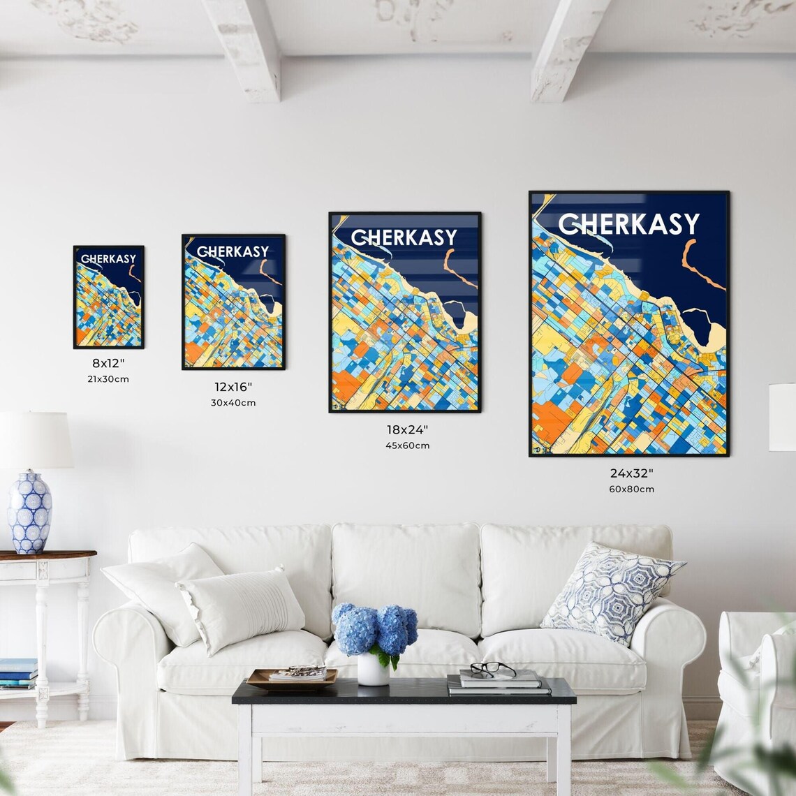 Cherkasy Ukraine Colorful Geometric City Map Art Poster in Blue and Orange - Image 3