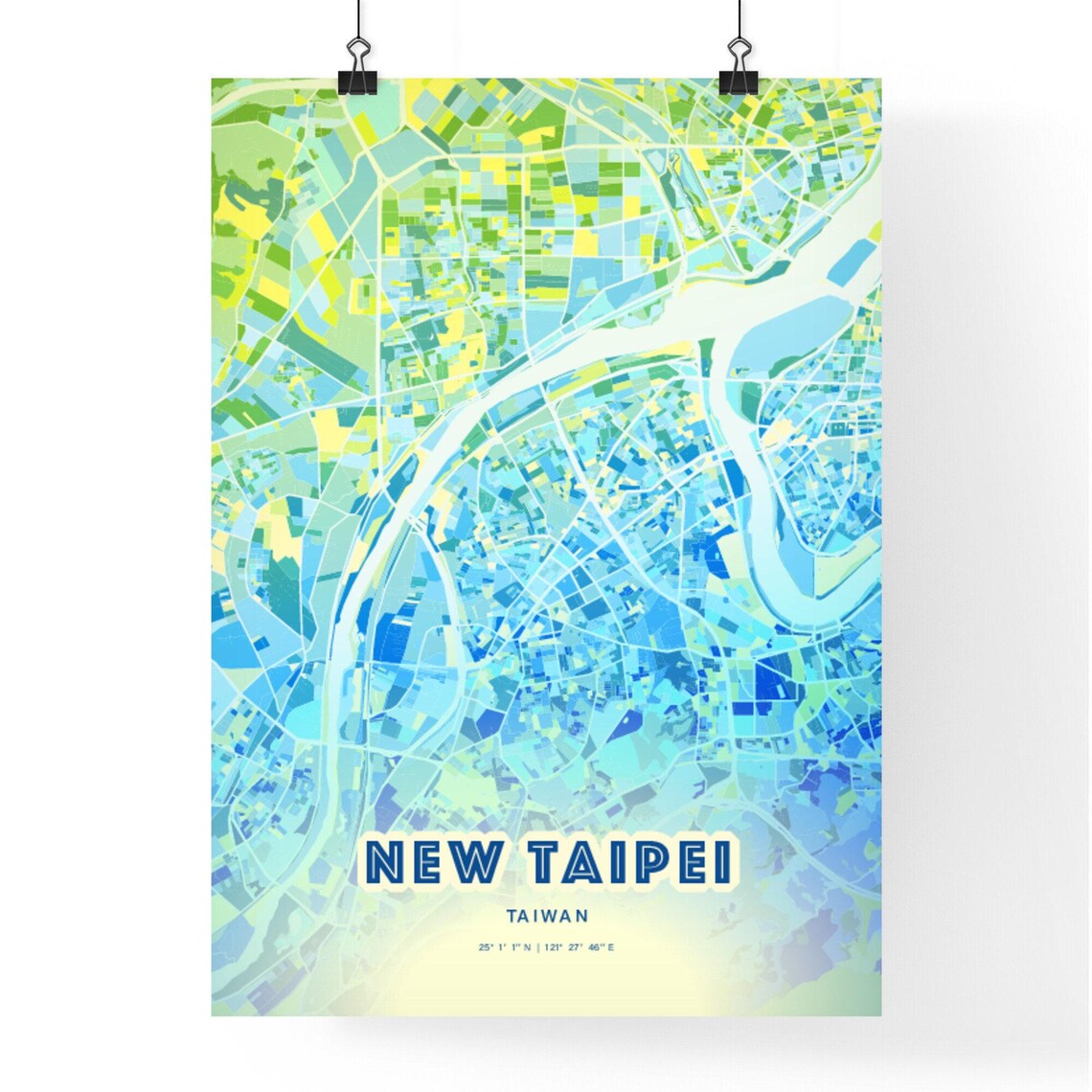 Bluish Street Map Art City Poster of New Taipei in Taiwan Blue Green - Image 3