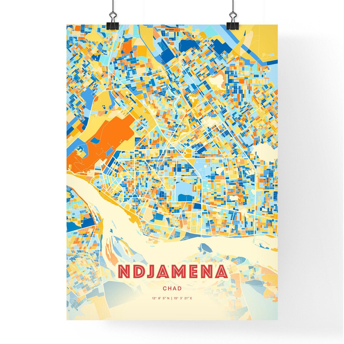 Ndjamena Chad City Map Blue Orange Modern Cartography Art Poster - Image 3