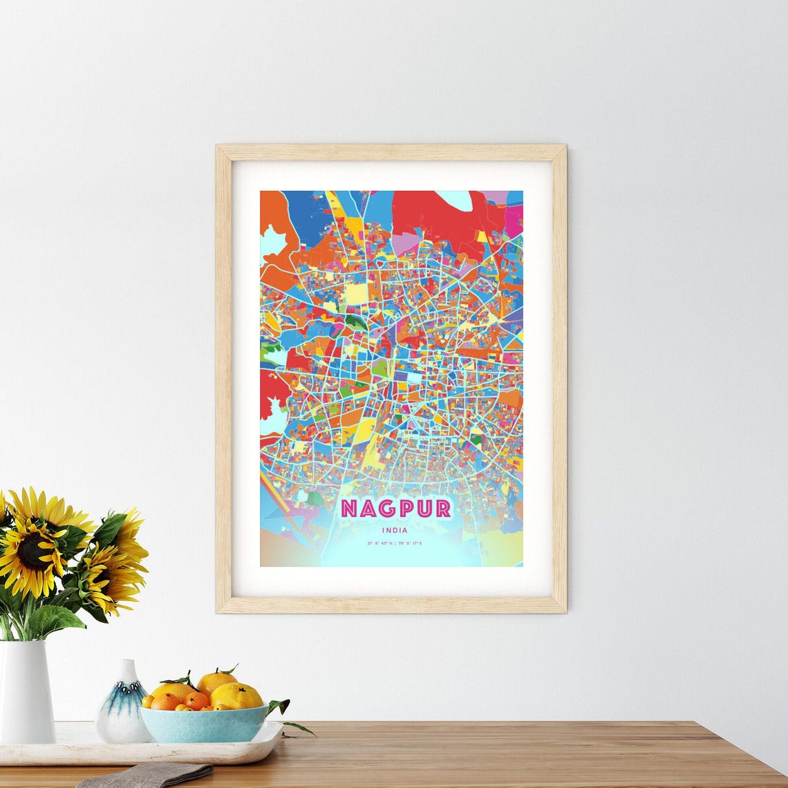 Nagpur India Colorful City Map Art Poster in Pink and Turquoise - Image 2