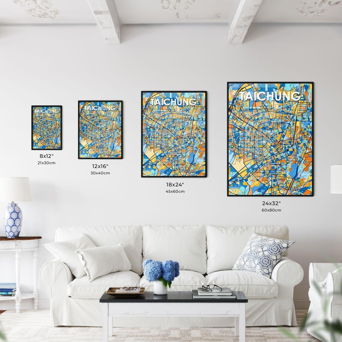 Taichung Taiwan Stylish Vibrant Blue and Orange Mosaic City Map Poster - Image 3