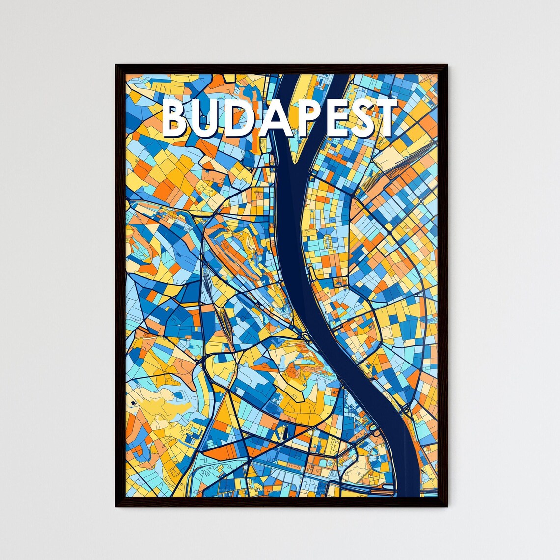 Budapest Hungary Vibrant Geometric City Map Art Poster in Blue and Orange