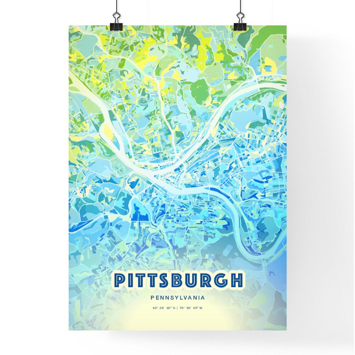 Pittsburgh Pennsylvania Aqua Blue Watercolor City Street Map Art Poster - Image 3