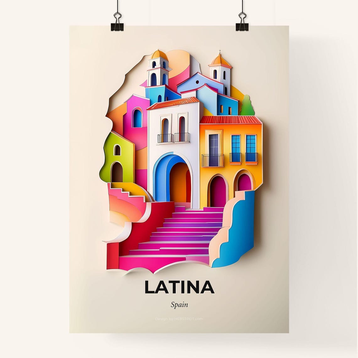 Latina Spain Colorful Staircase Papercut Old Town Travel Poster - Image 4