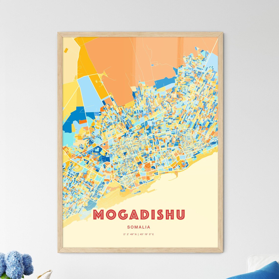 Mogadishu Somalia Blue Orange Colorful City Map Art Poster With Coordinates