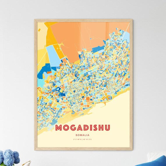 Mogadishu Somalia Blue Orange Colorful City Map Art Poster With Coordinates