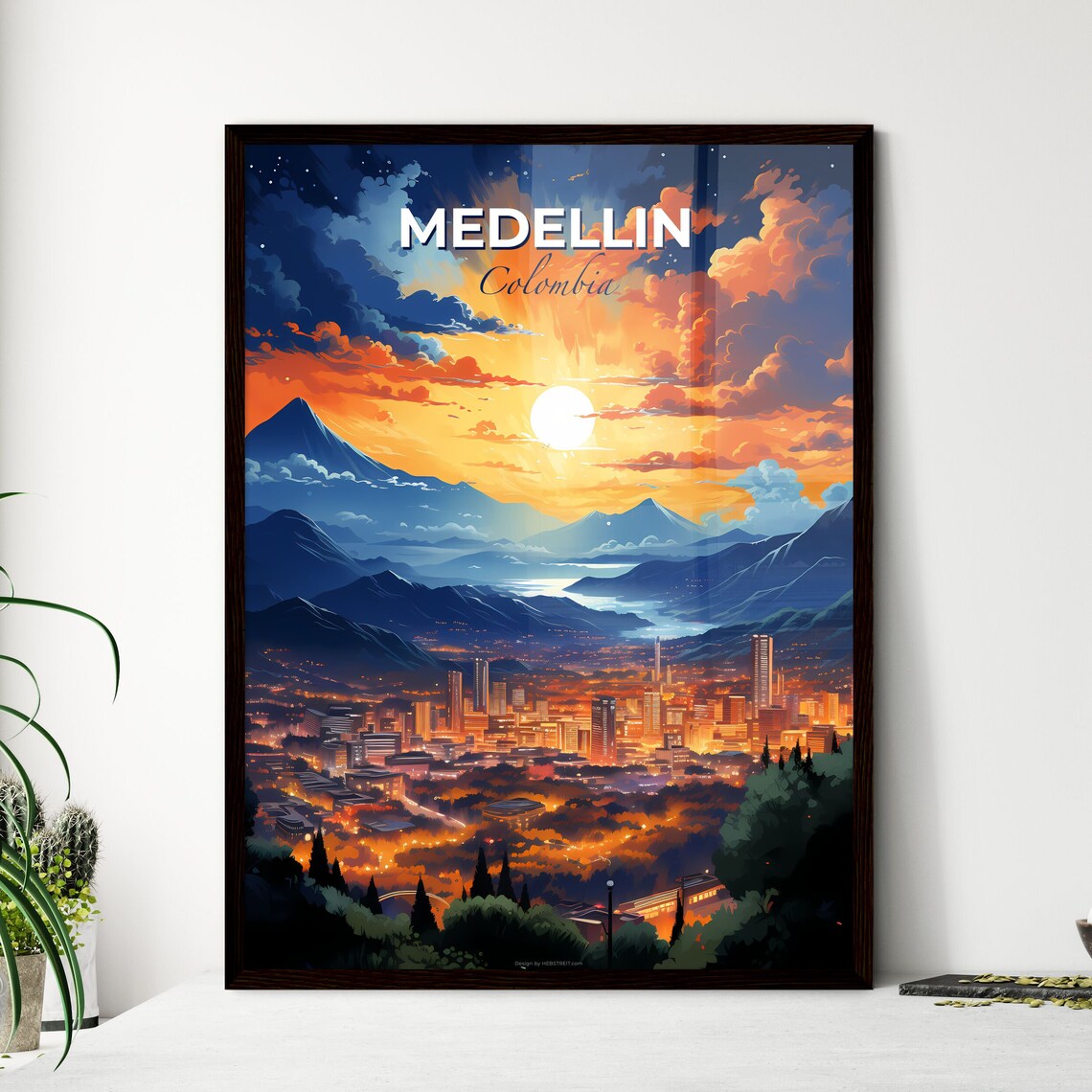 Medellin Colombia Sunset Travel Poster Mountain City Artwork