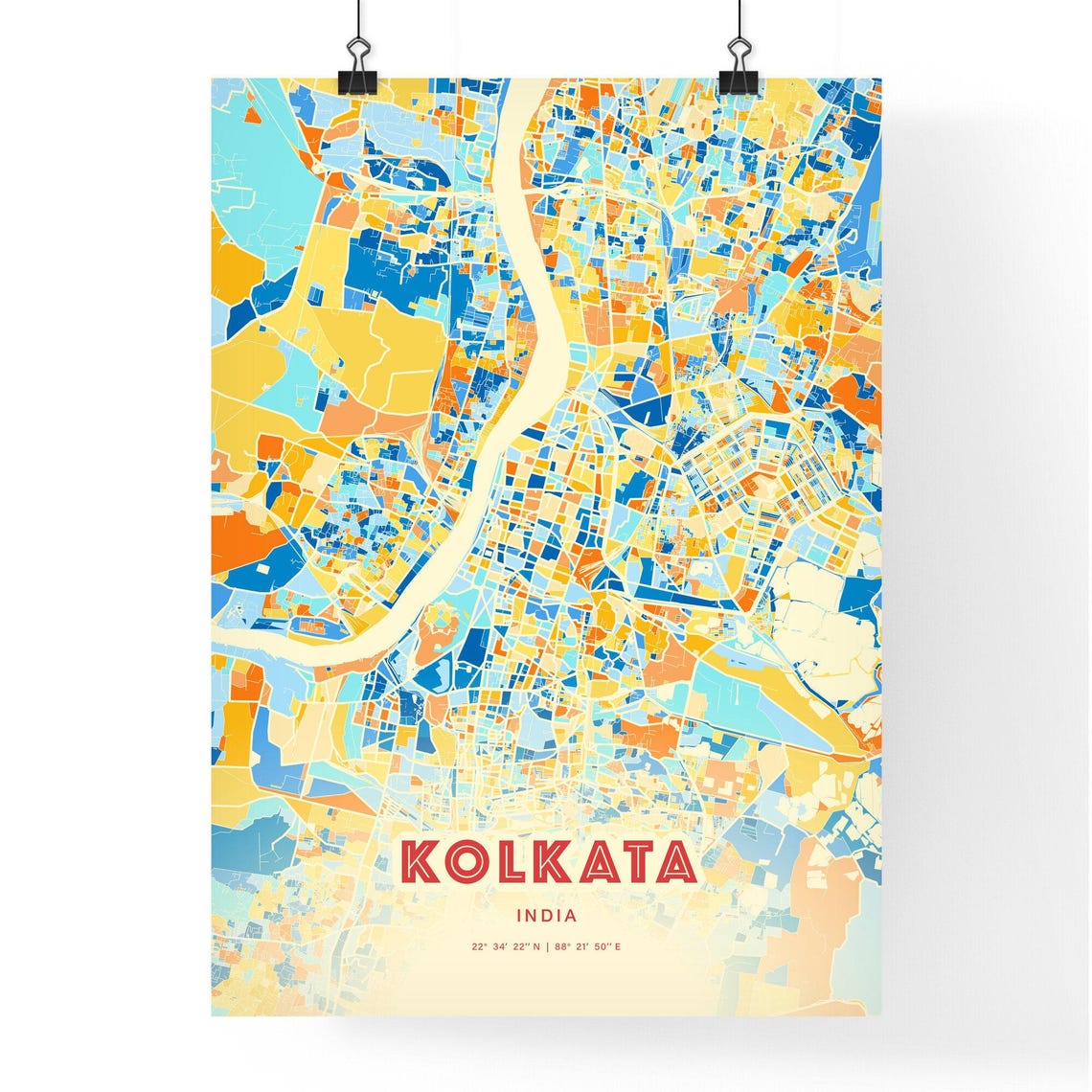 Kolkata India Bold Vibrant Blue Orange Mosaic City Map Poster - Image 3
