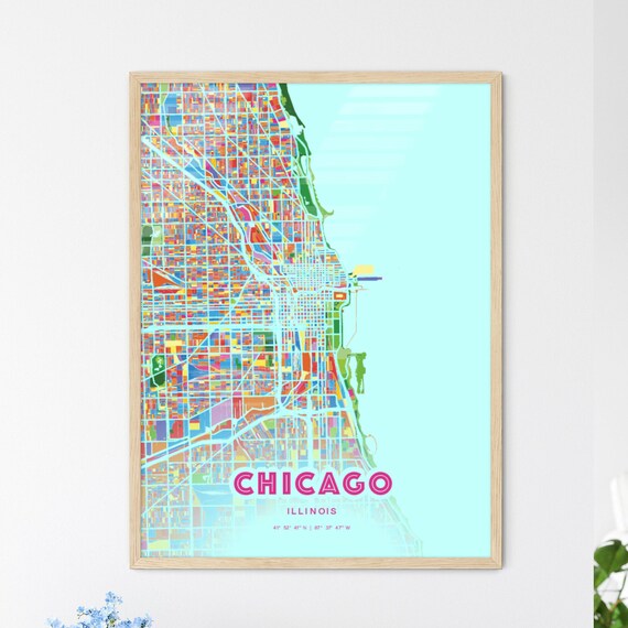 Chicago Illinois Colorful City Map Art Poster in Pink and Turquoise