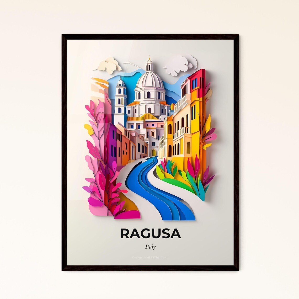 Ragusa Italy Colorful Paper Cut Cathedral Riverside Travel Poster