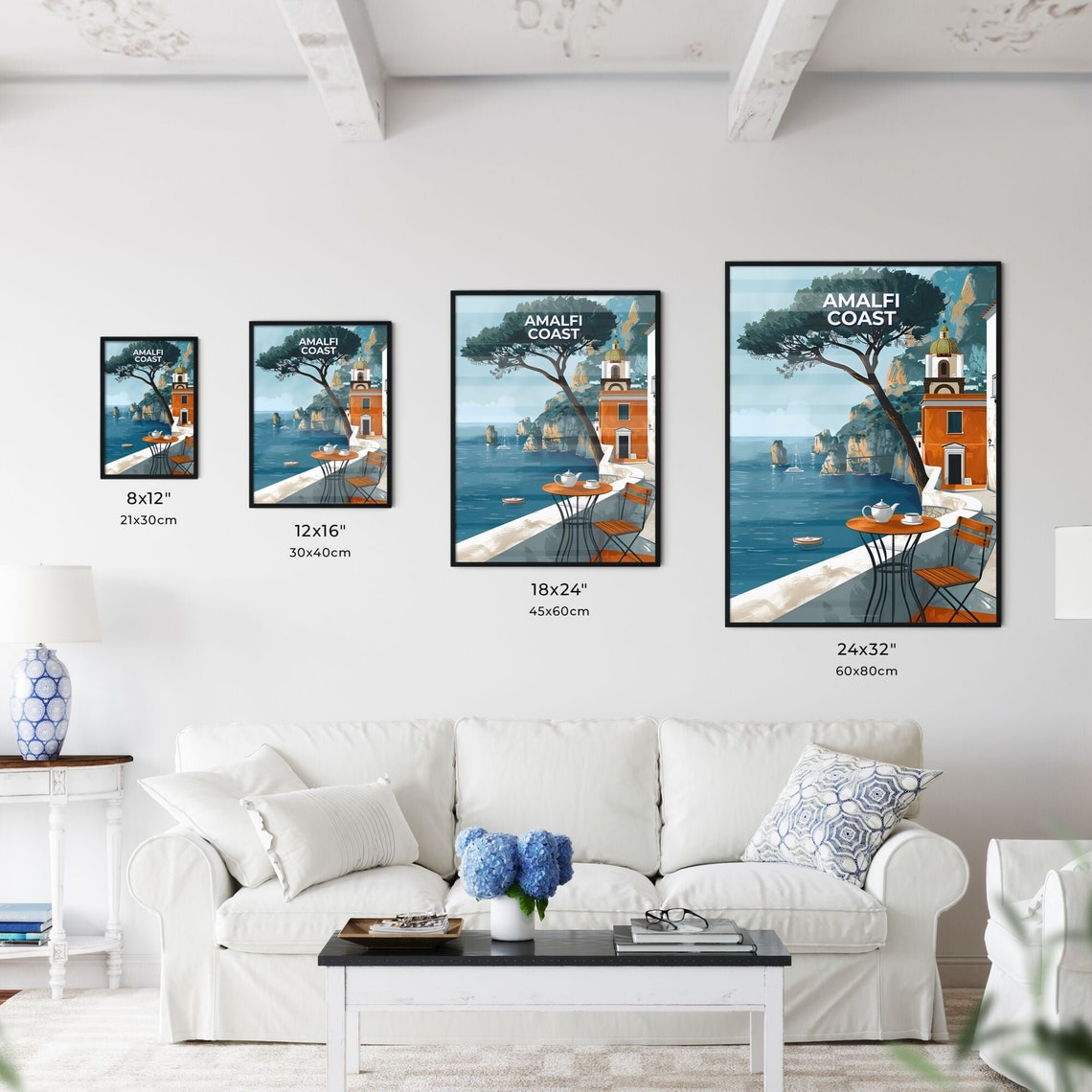 Amalfi Coast Italy Seaside Terrace Cafe Cliffs Sailboat Poster - Image 3