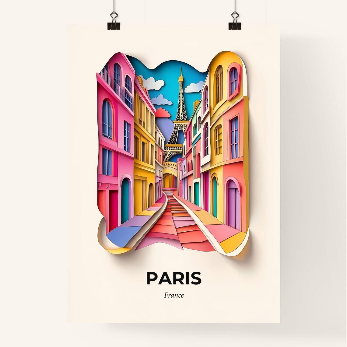 Paris France Eiffel Tower Colorful Paper Cut City Art Poster - Image 4