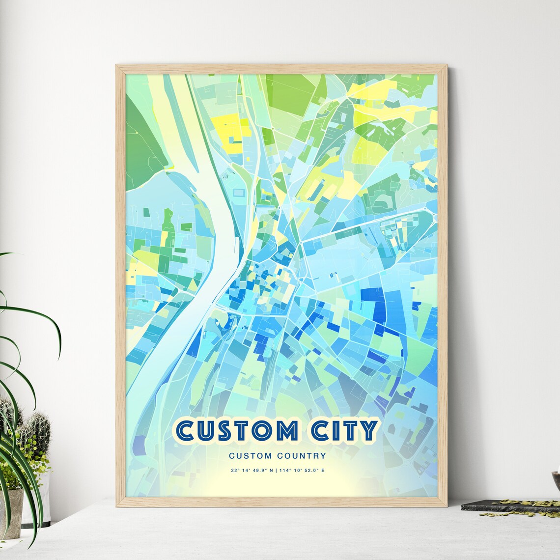 Custom Cool Blue City Map Poster, Hometown Style