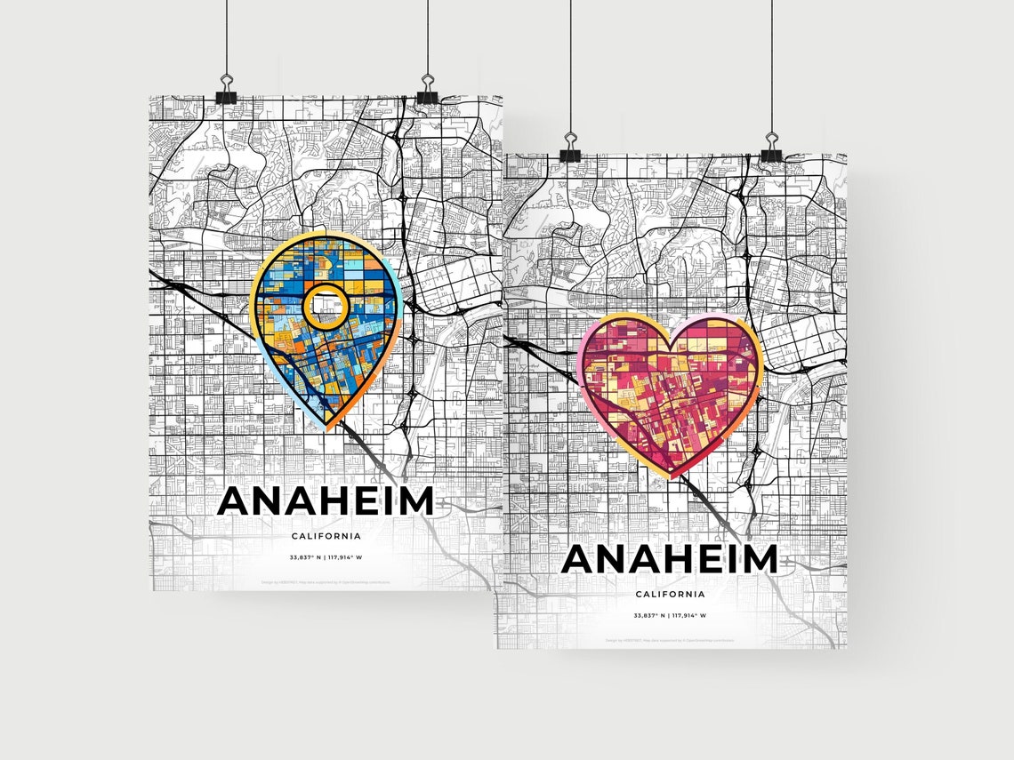 Anaheim California Minimal Map Art With Colorful Heart Icon Poster - Image 2