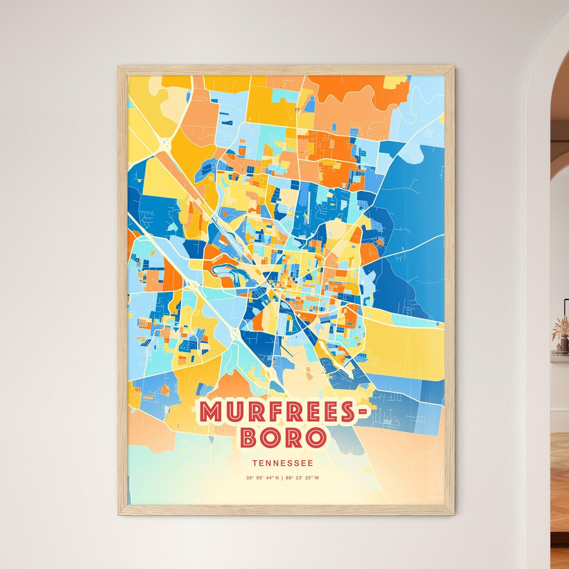 Murfreesboro Tennessee Colorful Blue Orange City Map Art Poster