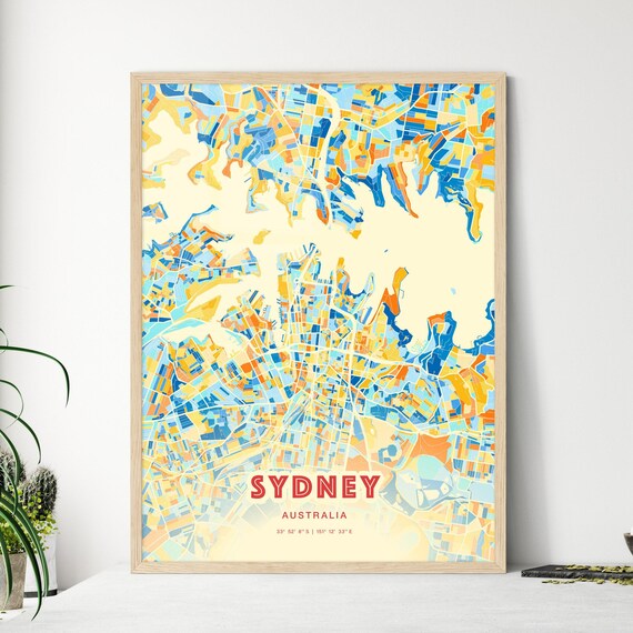 Sydney Australia City Map Art Poster Blue Orange Street Style
