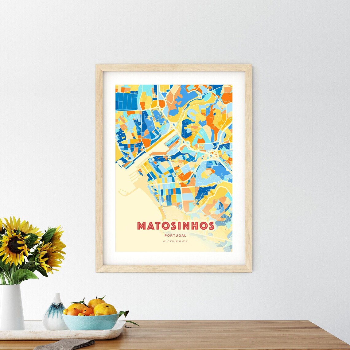 Bold Blue Orange Street Map Art Poster of Matosinhos Portugal City - Image 2
