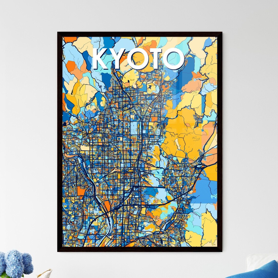 Kyoto Japan Stylish Vibrant Blue and Orange Mosaic City Map Poster