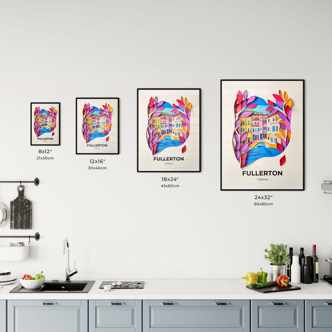 Fullerton California Colorful Paper Cut Riverside Buildings Poster - Image 3