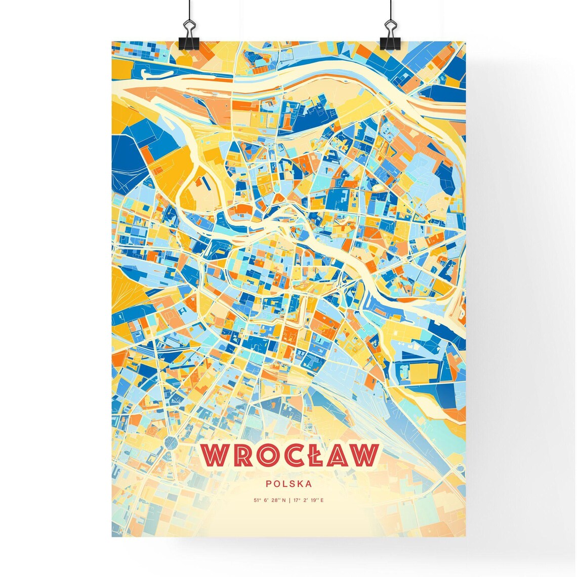 Wroclaw Poland Blue Orange Colorful City Map Art Poster With Coordinates - Image 3