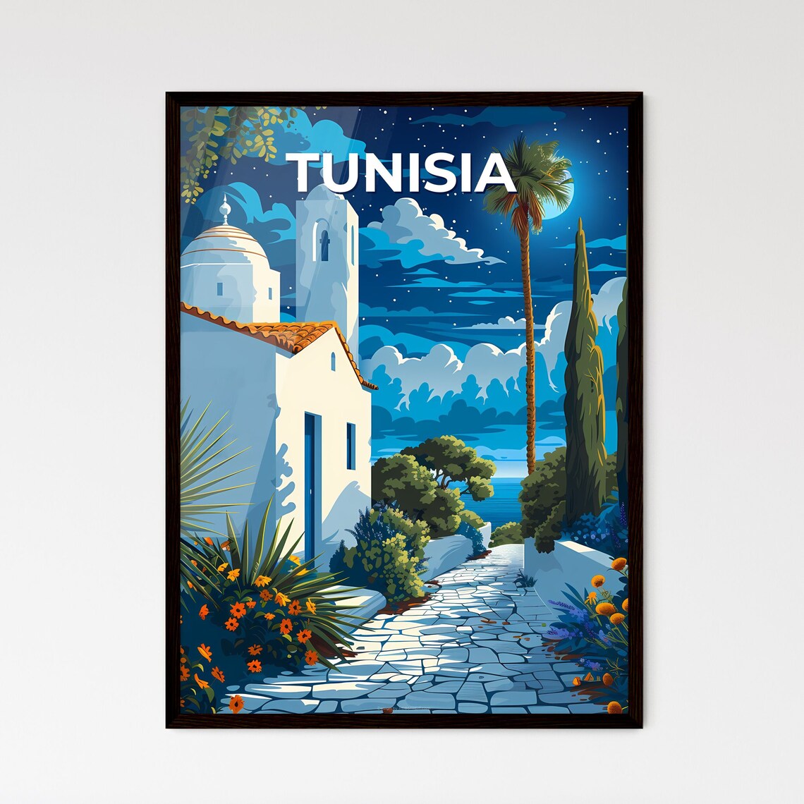 Tunisia Stone Path Night Village Vintage Mediterranean Travel Poster