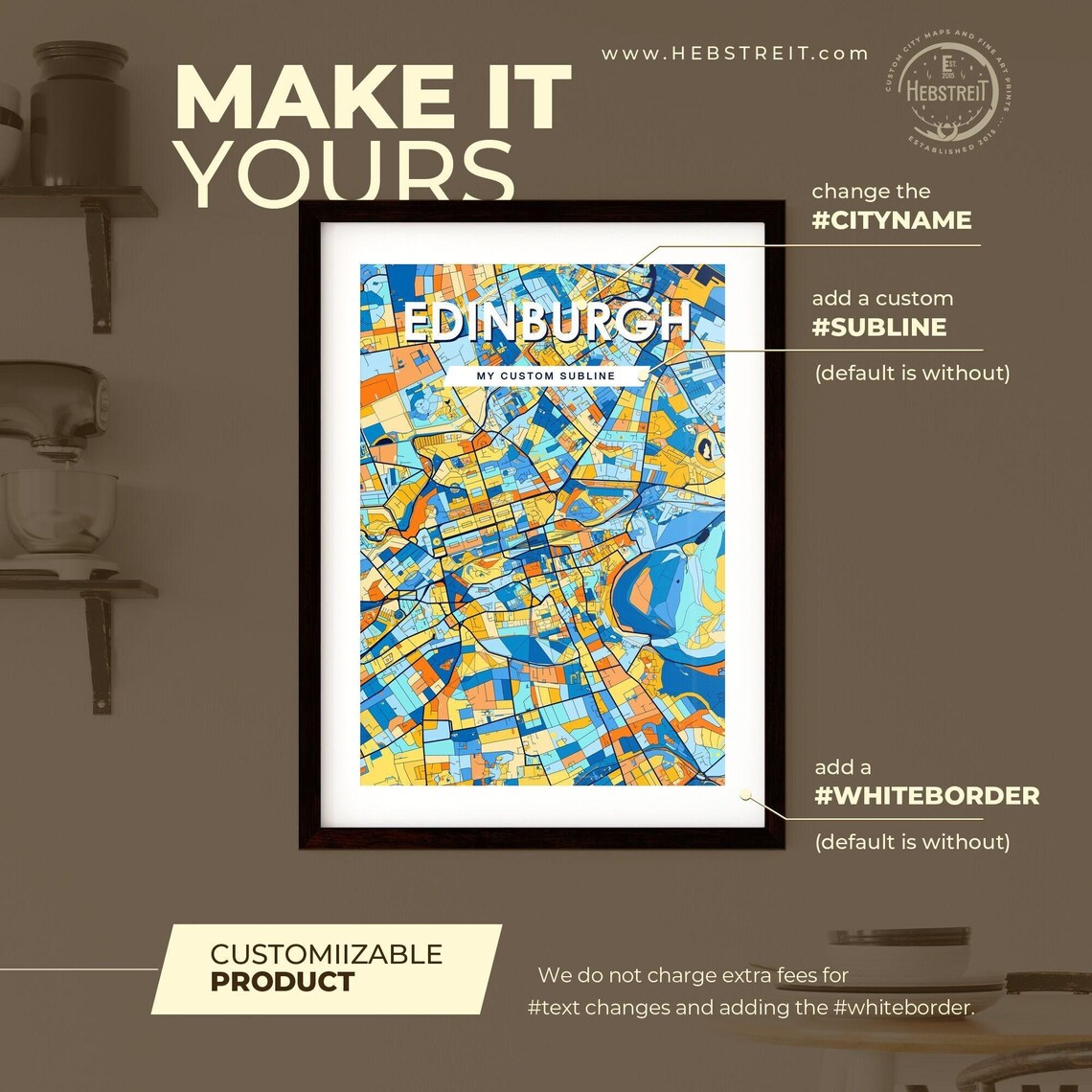 Edinburgh Scotland Vibrant Colorful Blue Orange Art City Map Poster - Image 2