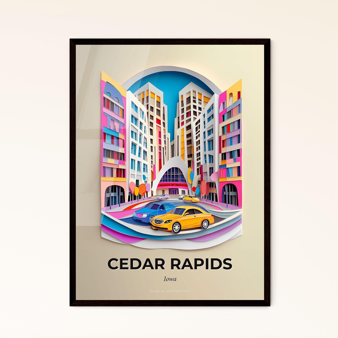 Cedar Rapids Iowa Colorful Paper Cut Vibrant Downtown Street Poster